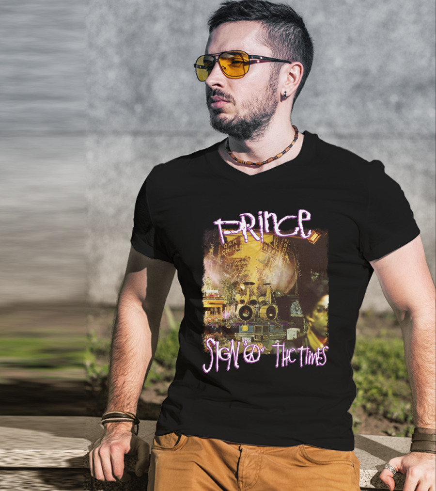 Prince Sign O The Times Album Cover Art With Musical Instruments And Stage Visuals T-Shirt