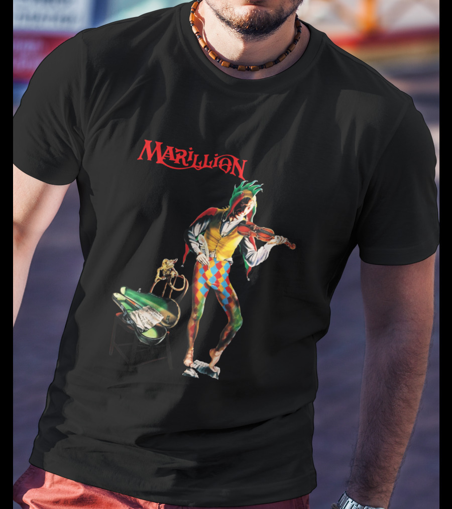 Marillion Script For A Jester's Tear Violin Playing Jester With Sheet Music And Harlequin Colors T-Shirt