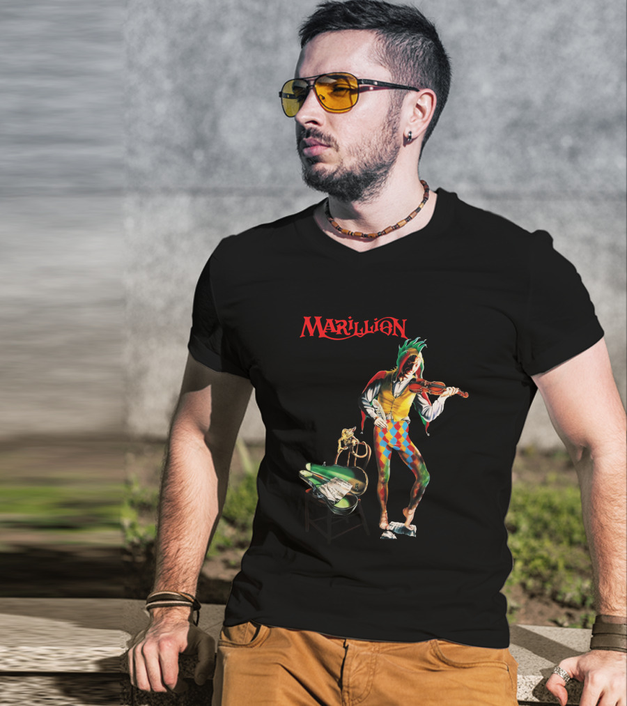 Marillion Script For A Jester's Tear Violin Playing Jester With Sheet Music And Harlequin Colors T-Shirt