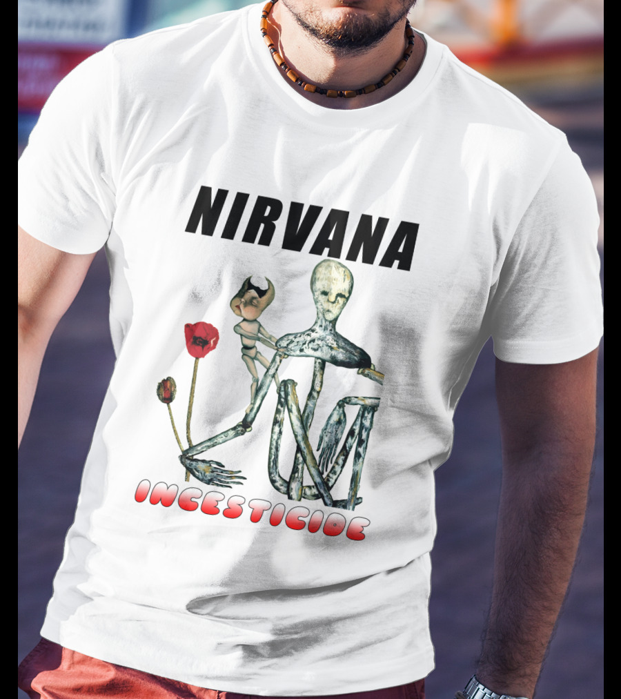 Nirvana Incesticide Album Cover Art With Surreal Skeleton Figure And Red Flowers T-Shirt