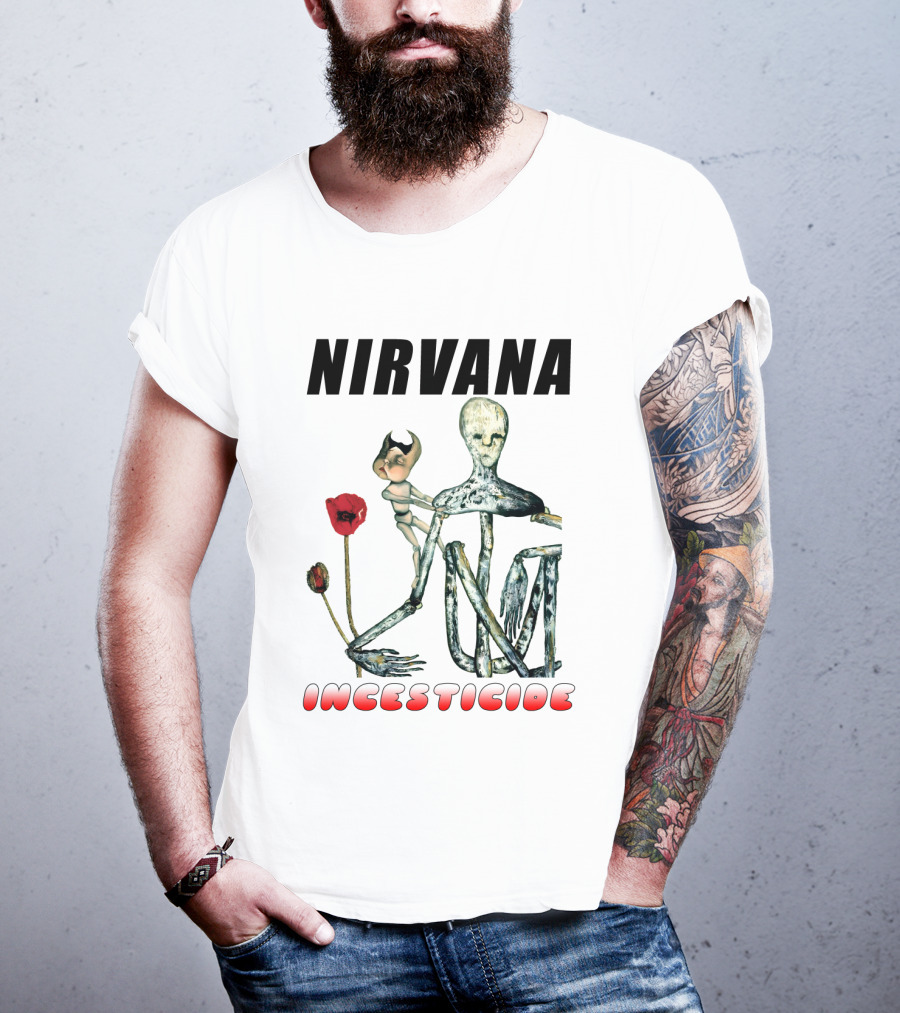 Nirvana Incesticide Album Cover Art With Surreal Skeleton Figure And Red Flowers T-Shirt