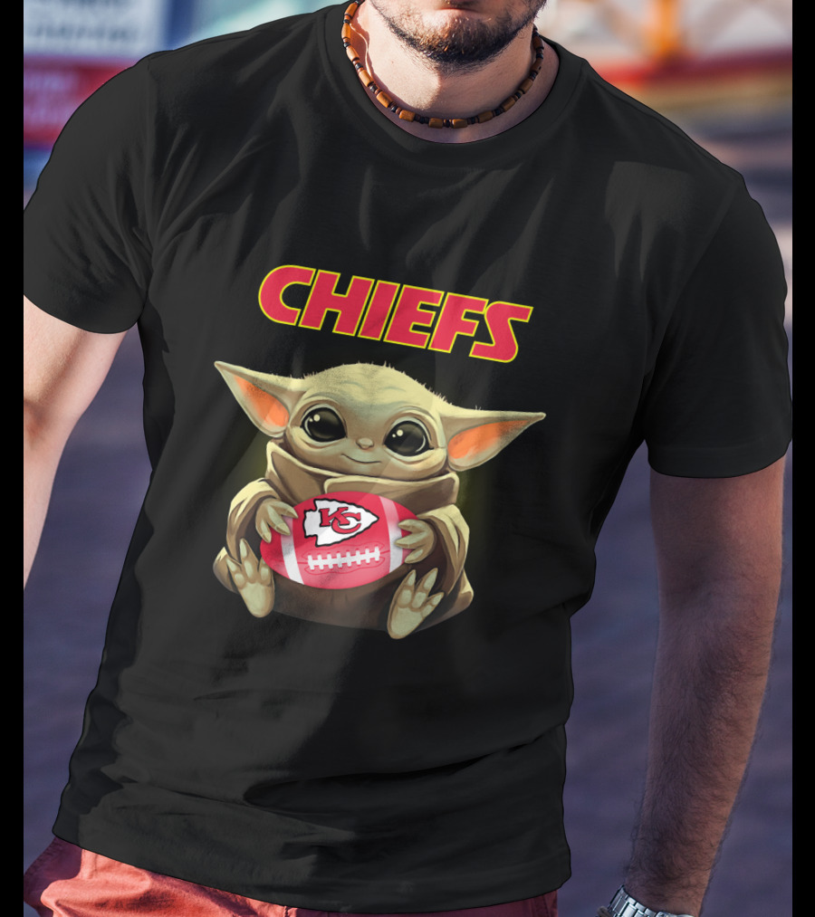 Chiefs Baby Yoda Holding Kansas City Football T-Shirt