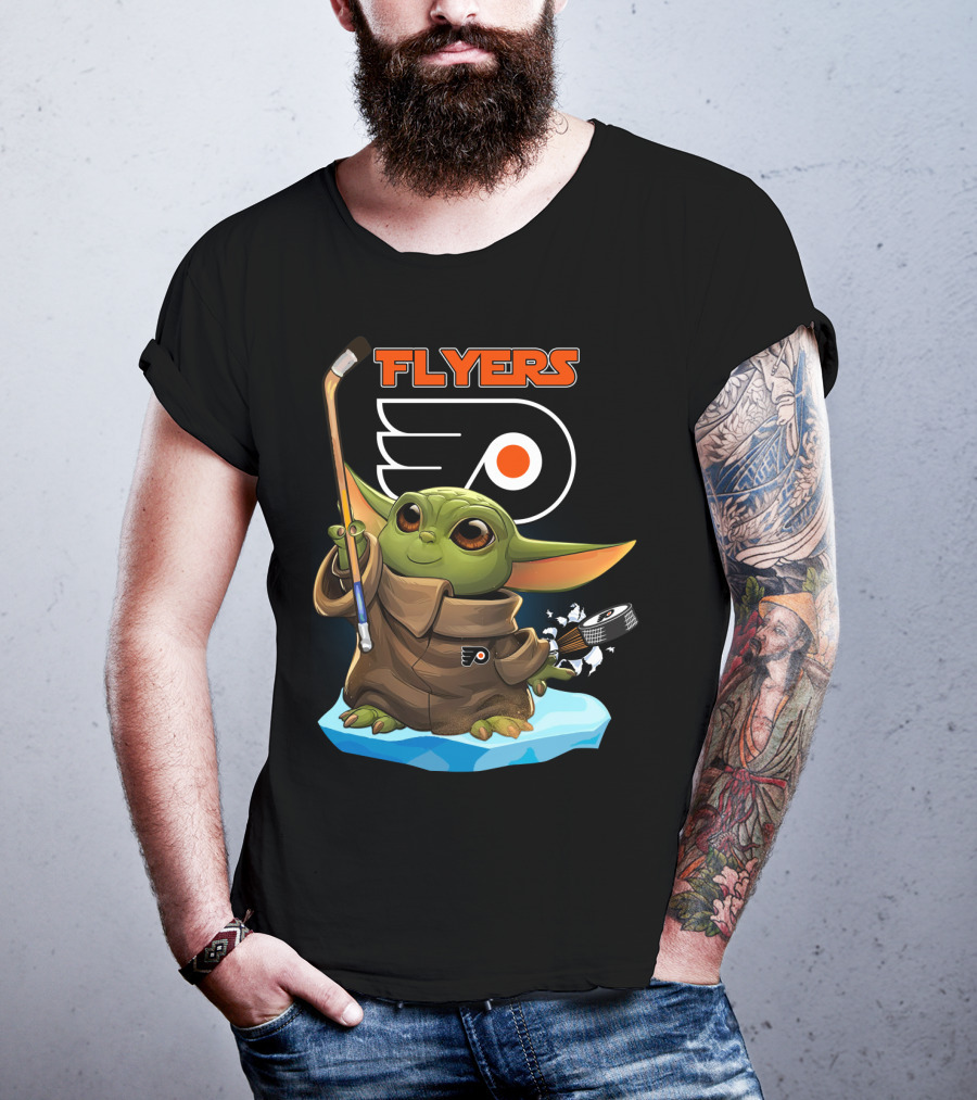 Philadelphia Flyers Baby Yoda Hockey Stick NHL Collaboration T-Shirt