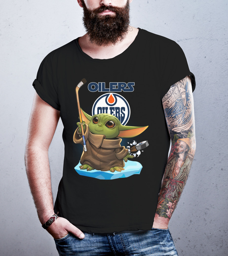 Oilers Baby Yoda Edmonton NHL Hockey Stick And Puck T-Shirt