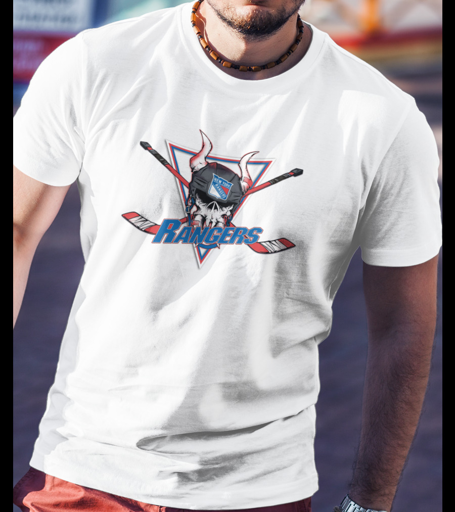 New York Rangers Skull Helmet Hockey Sticks Emblem T-Shirt
