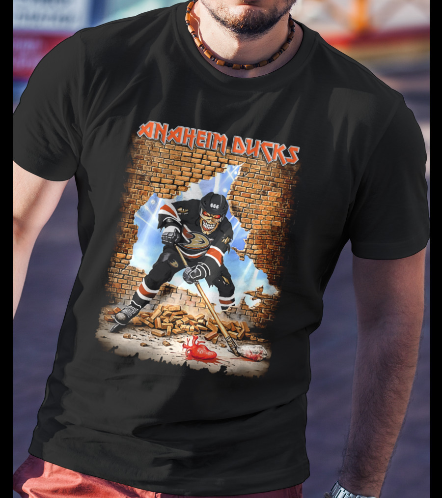 Anaheim Ducks Hockey Player Breaking Through Wall With Skeleton Face Jersey Number 666 T-Shirt