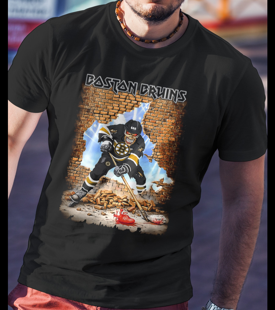 Boston Bruins Hockey Player Breaking Through Brick Wall T-Shirt