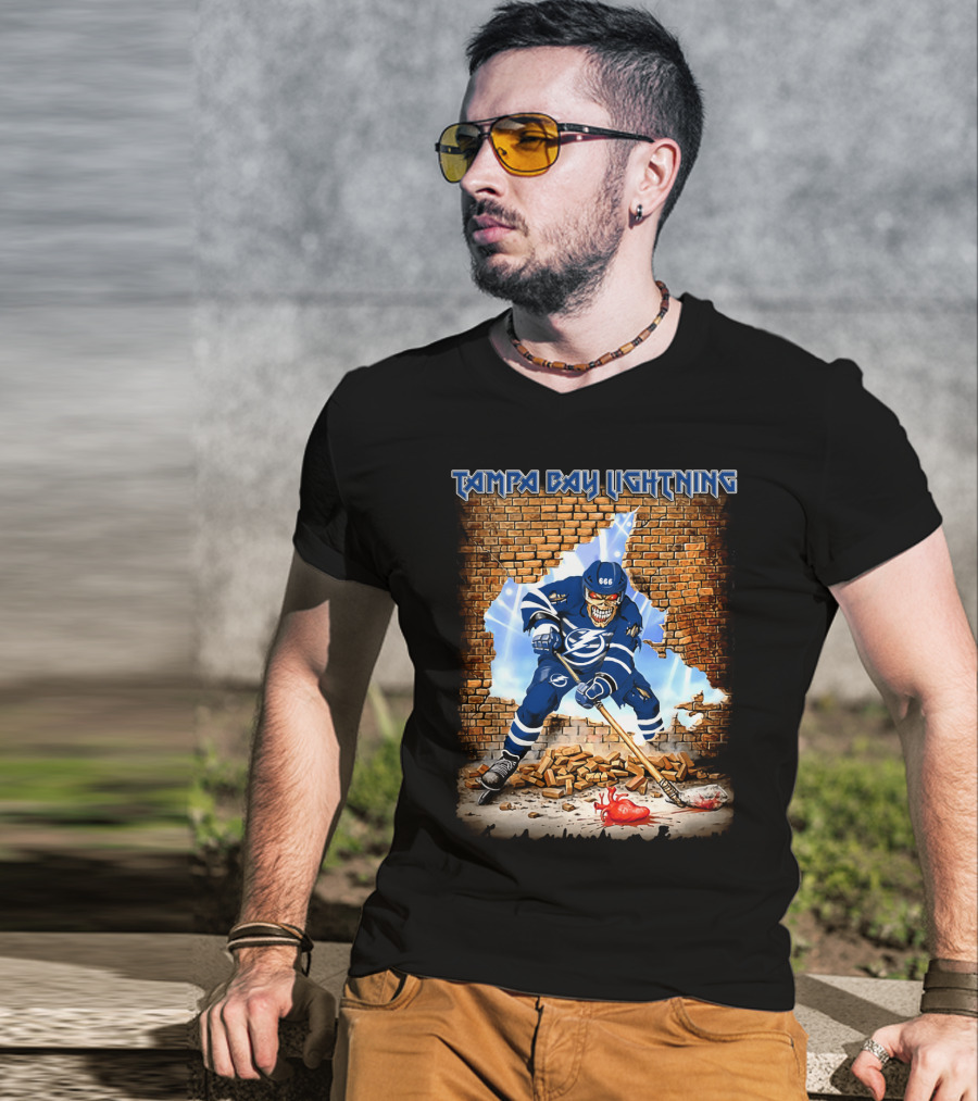 Tampa Bay Lightning Hockey Skeleton Breaking Brick Wall 666 T-Shirt