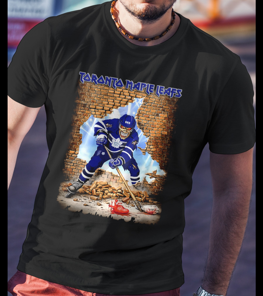 Toronto Maple Leafs Hockey Player Skeleton Breaking Brick Wall T-Shirt