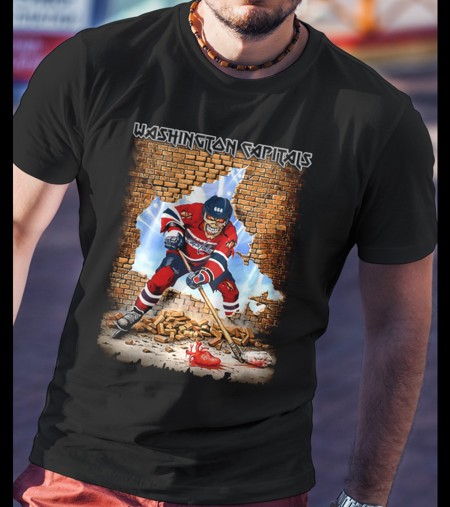 Washington Capitals Hockey Player Skull Brick Wall Artwork T-Shirt