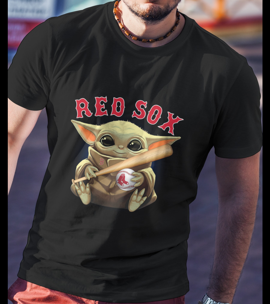 Boston Red Sox Baby Yoda Holding Baseball And Bat T-Shirt