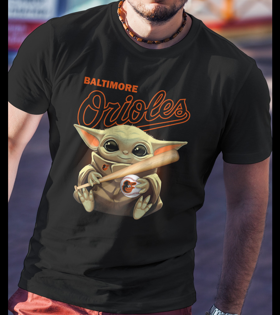 Baltimore Orioles Baby Yoda Holding Baseball And Bat T-Shirt