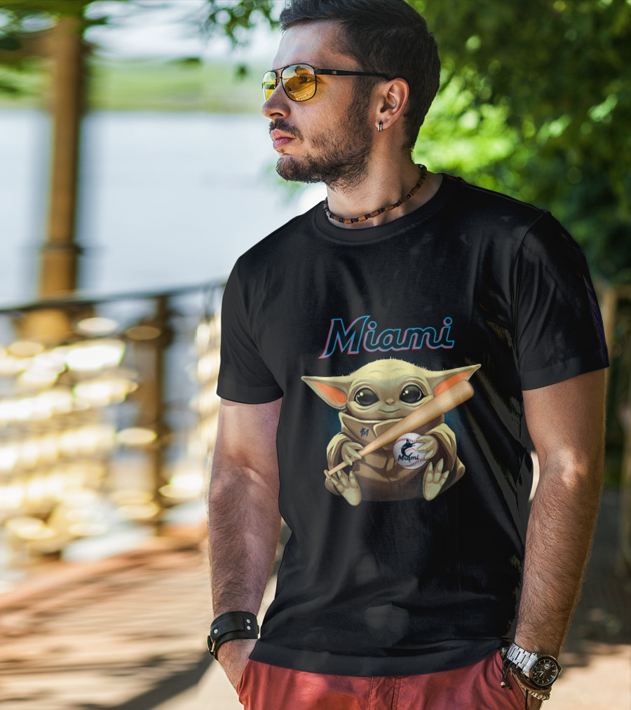 Miami Marlins Baby Yoda Baseball Bat And Ball T-Shirt