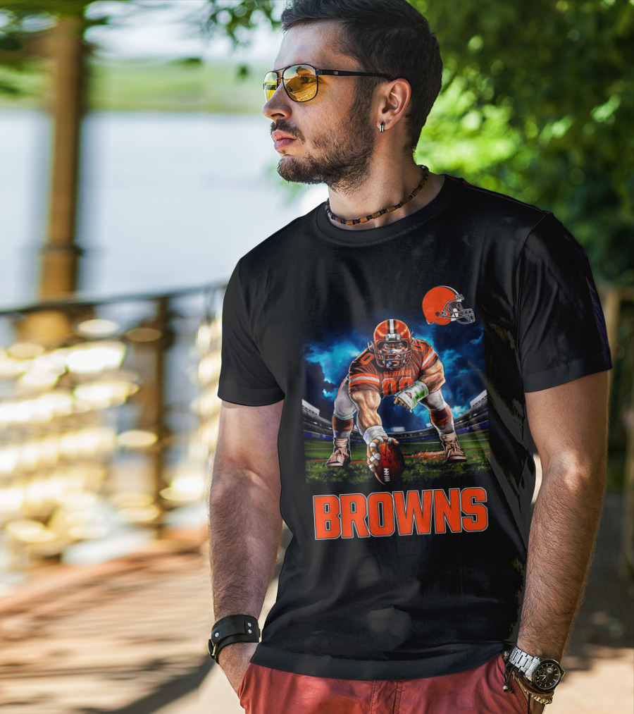 Cleveland Browns Nfl 3 Point Stance Football Player Stadium Scene T-Shirt
