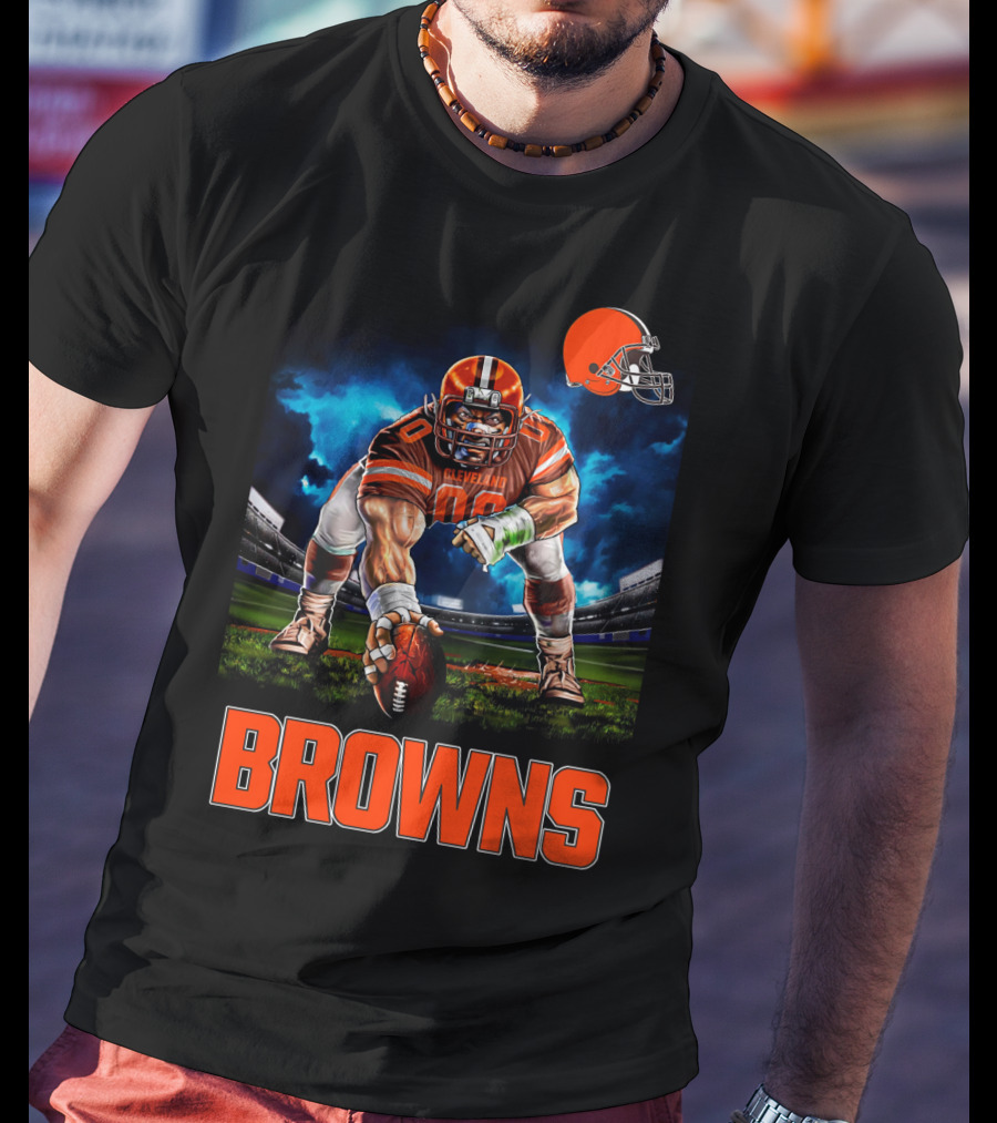 Cleveland Browns Nfl 3 Point Stance Football Player Stadium Scene T-Shirt
