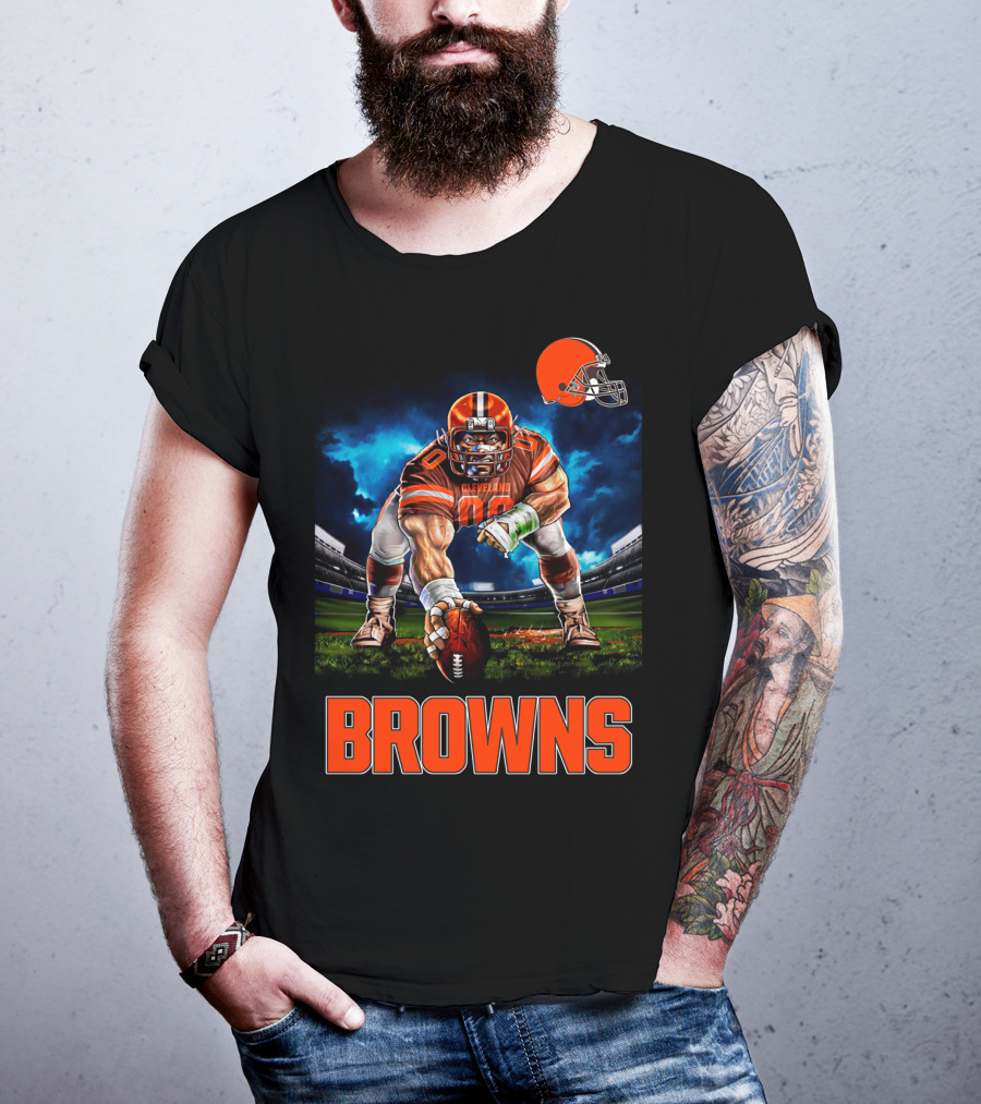 Cleveland Browns Nfl 3 Point Stance Football Player Stadium Scene T-Shirt