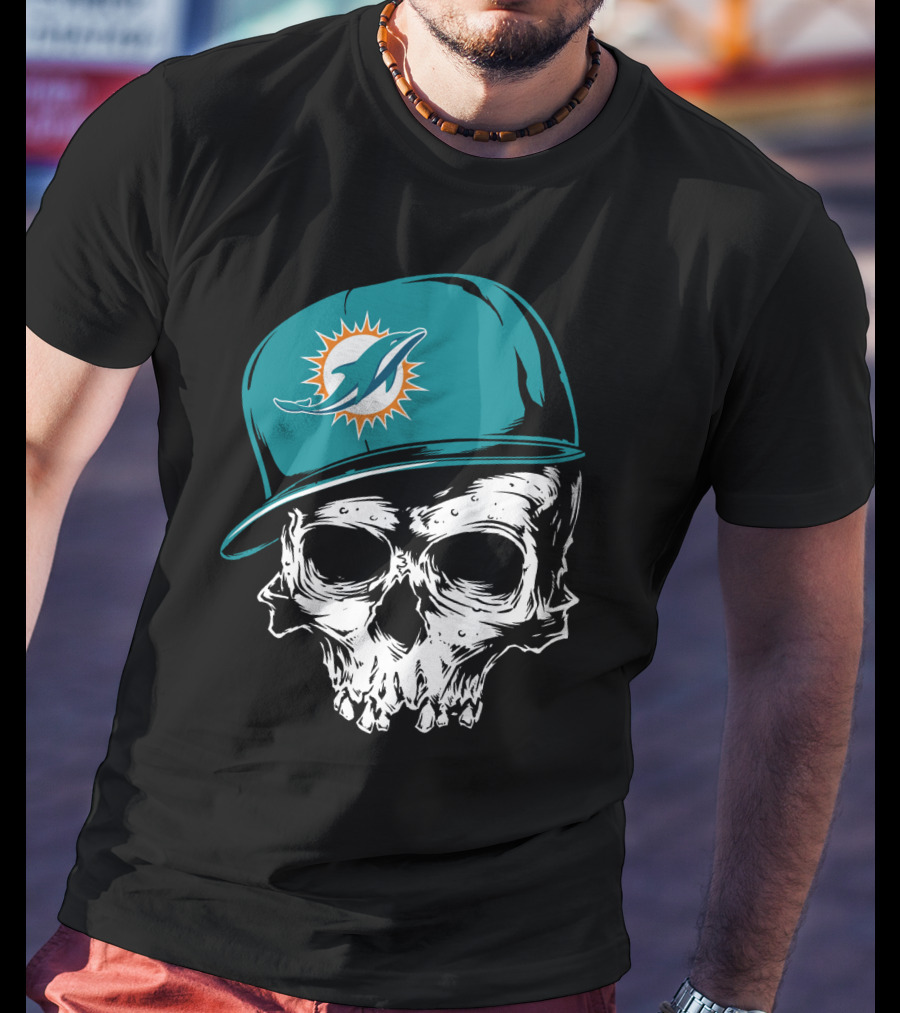 Miami Dolphins Skull With Teal Hat T-Shirt