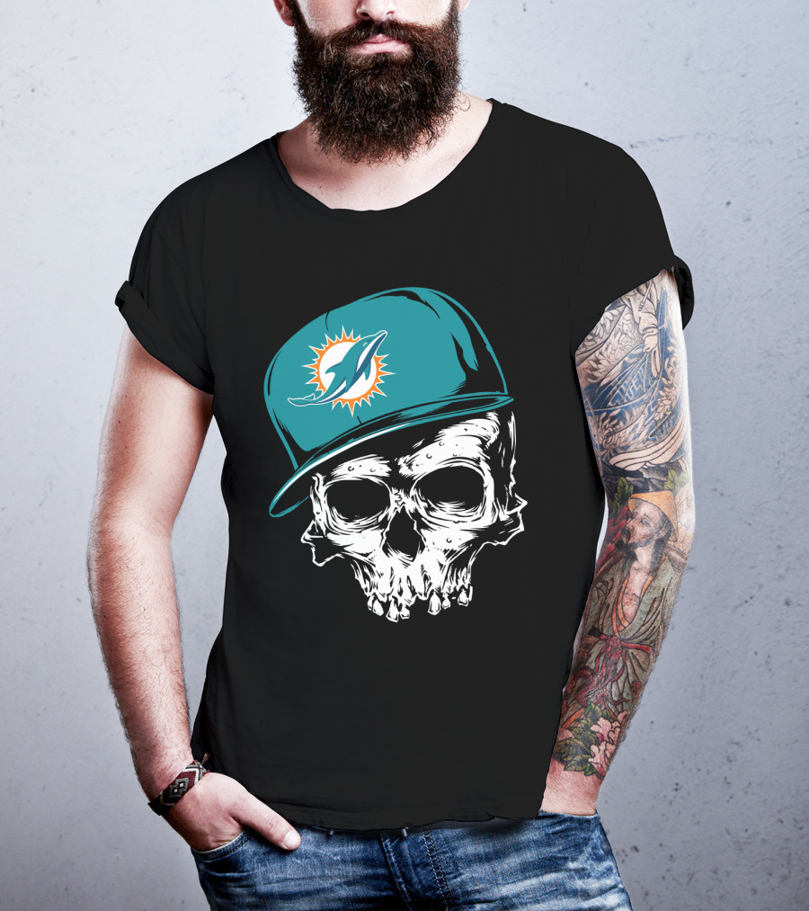 Miami Dolphins Skull With Teal Hat T-Shirt
