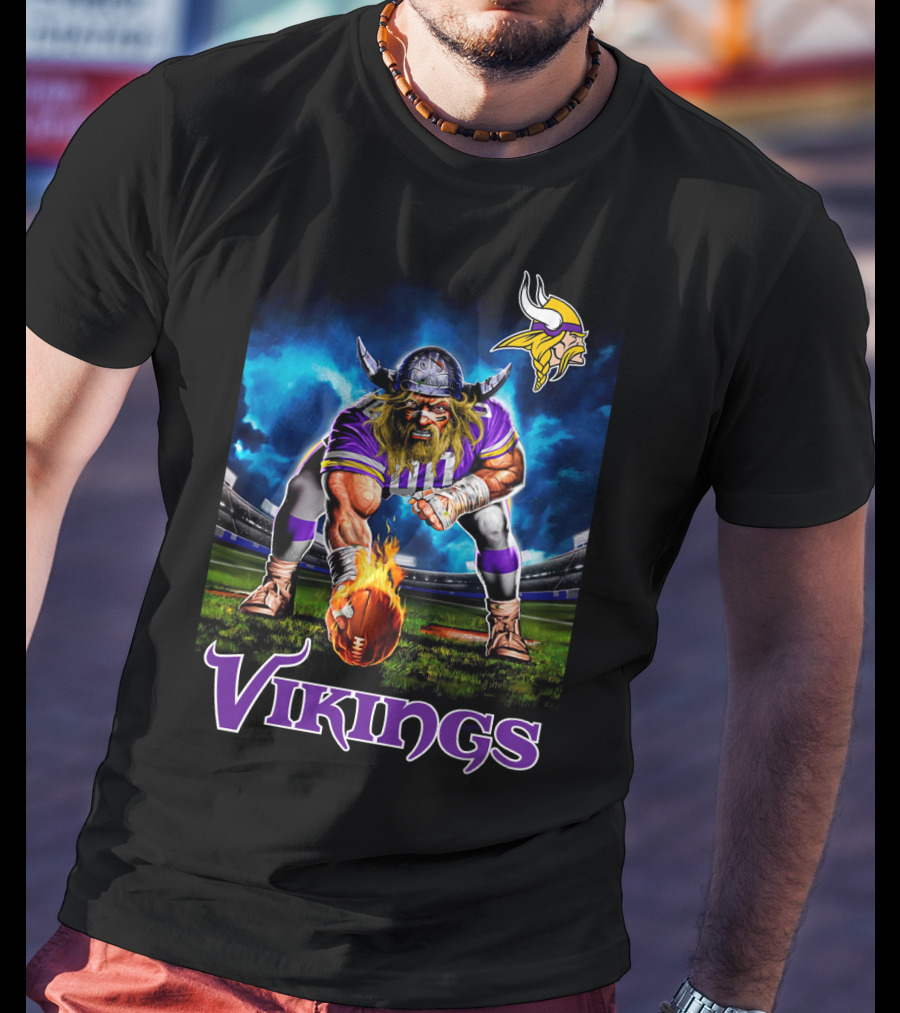 Minnesota Vikings 3 Point Stance Nfl Viking Warrior With Helmet And Football In Stadium Nfl T-Shirt