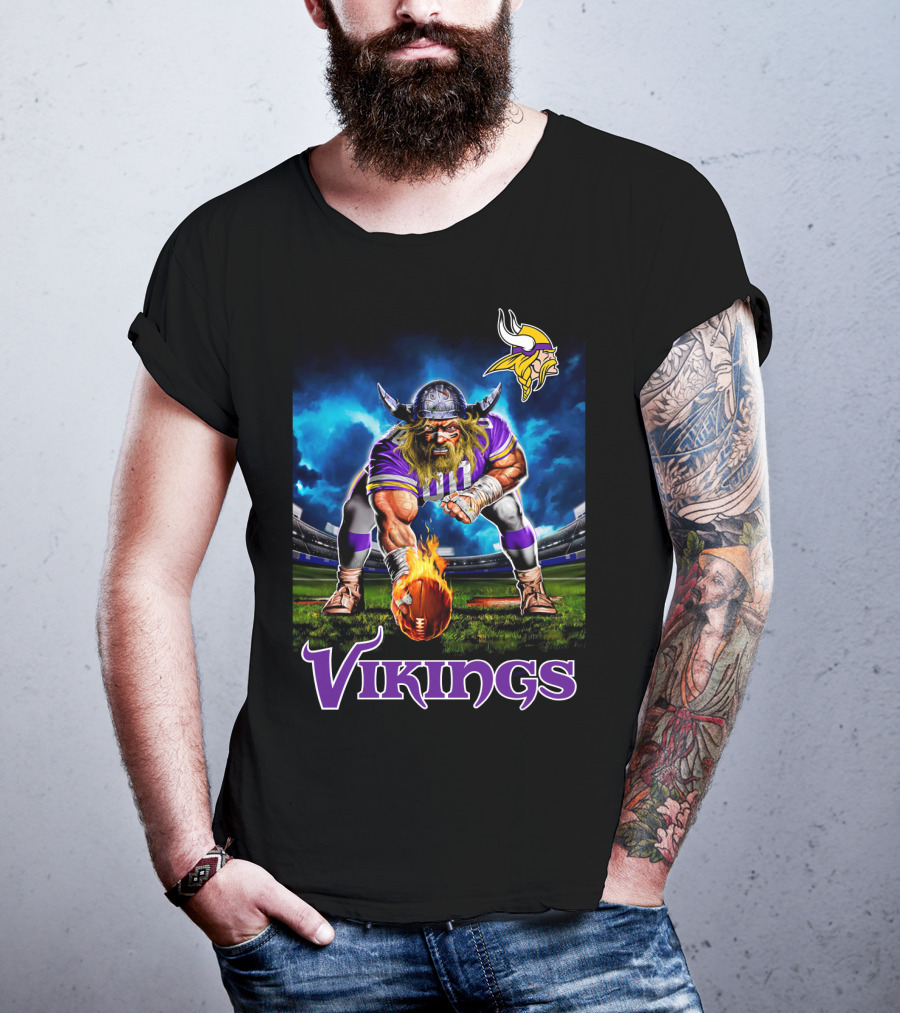 Minnesota Vikings 3 Point Stance Nfl Viking Warrior With Helmet And Football In Stadium Nfl T-Shirt