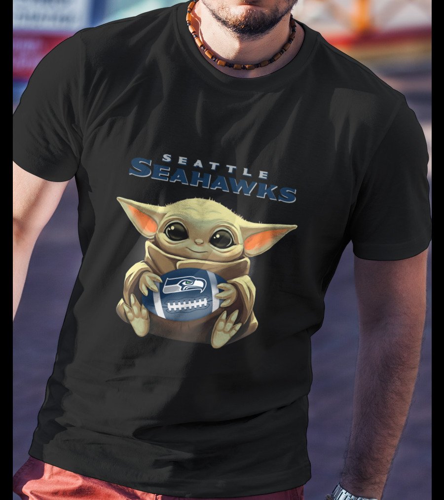 Seattle Seahawks Baby Yoda Holding Seahawks Football T-Shirt