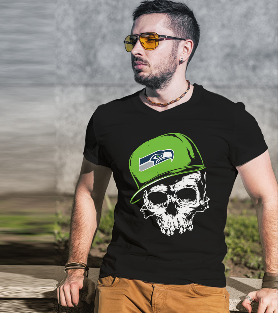 Seattle Seahawks Skull With Green Hat T-Shirt