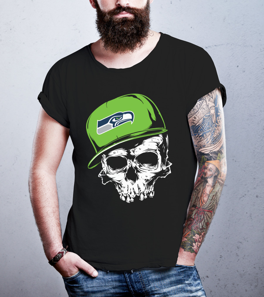 Seattle Seahawks Skull With Green Hat T-Shirt