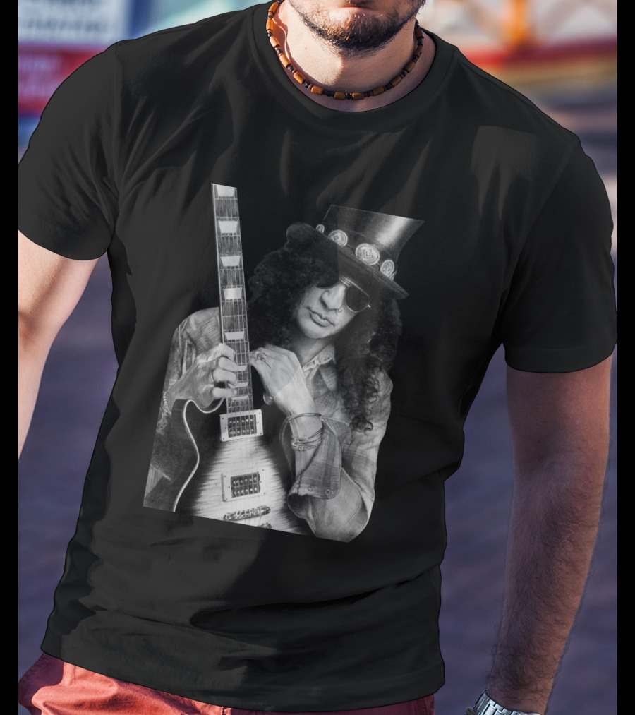 Guns N' Roses Slash With Guitar Iconic Black And White T-Shirt