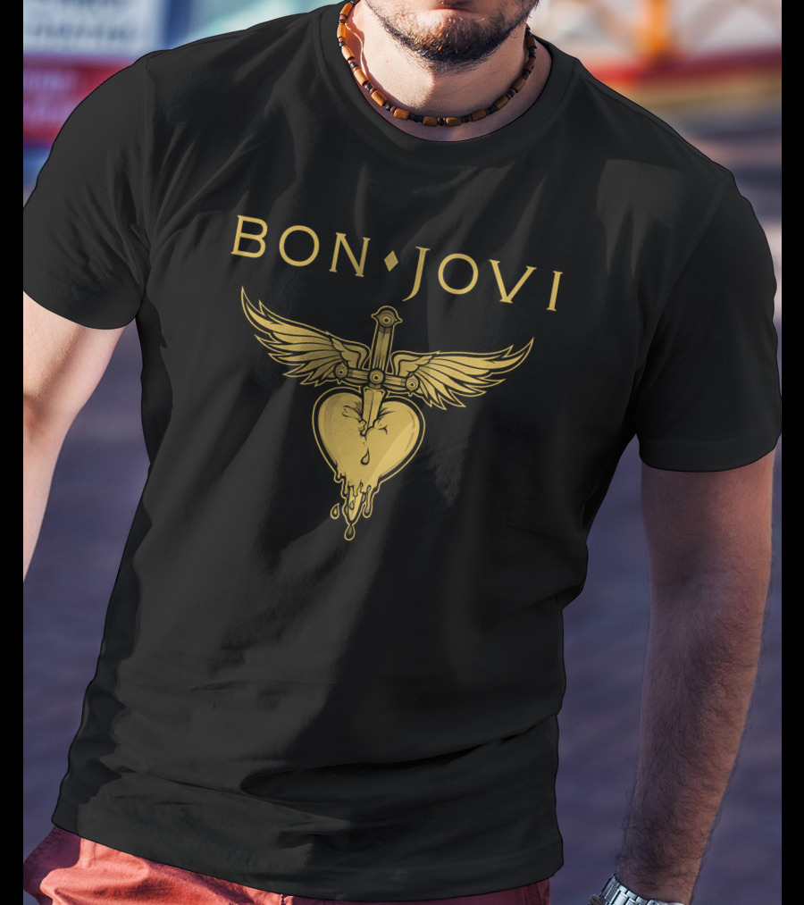 Bon Jovi Winged Dagger Heart Dripping Gold T-Shirt