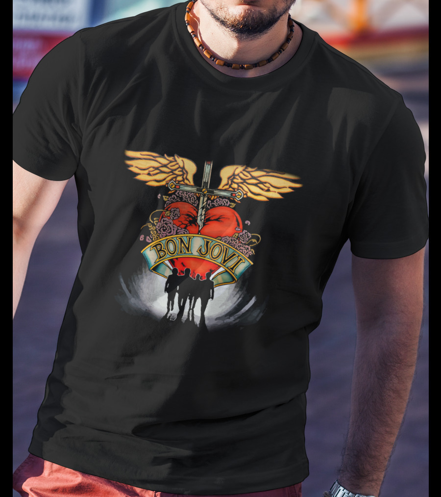 Bon Jovi Winged Heart Cross Silhouette T-Shirt