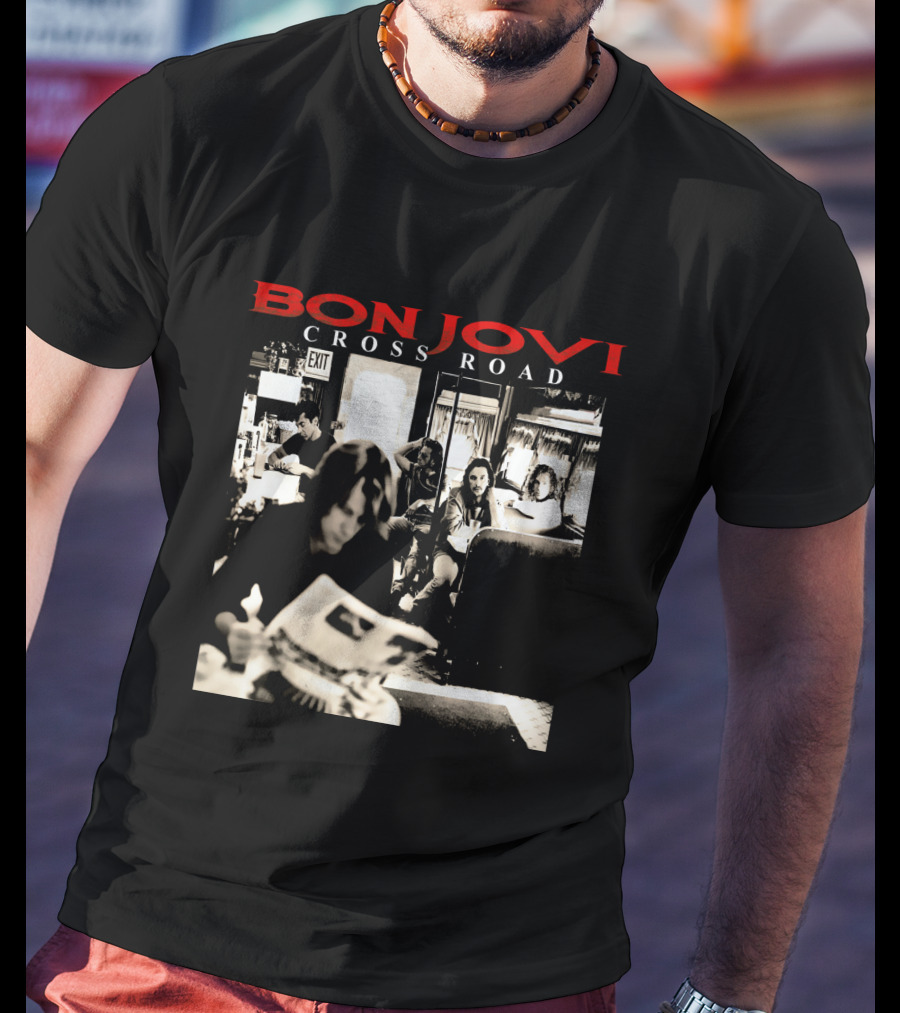Bon Jovi Cross Road Album Cover Black And White Café Scene T-Shirt