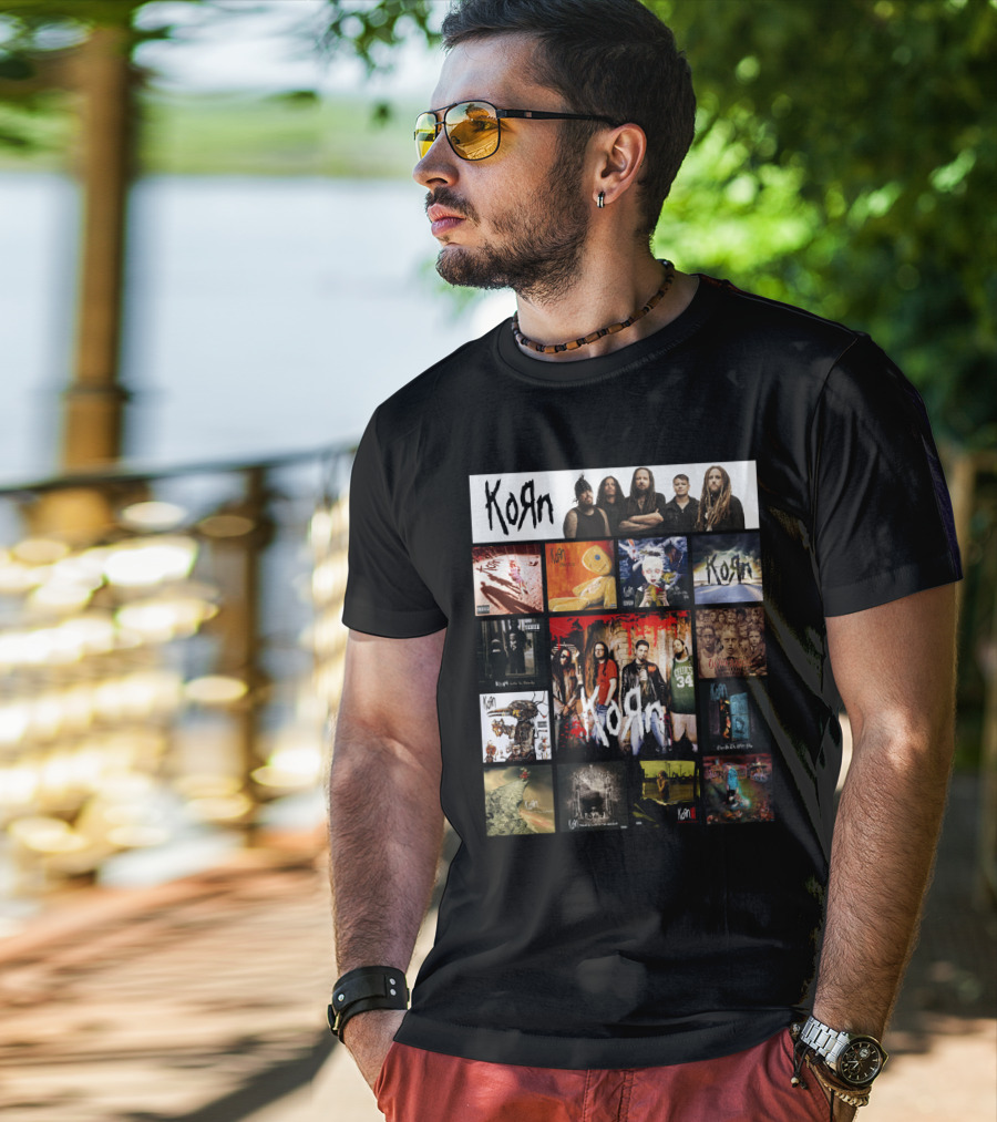Korn Greatest Hits Collection Featuring Classic Album Covers And Band Members T-Shirt