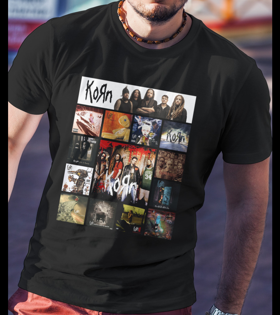 Korn Greatest Hits Collection Featuring Classic Album Covers And Band Members T-Shirt