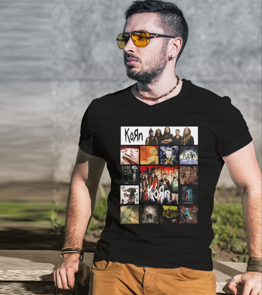 Korn Greatest Hits Collection Featuring Classic Album Covers And Band Members T-Shirt