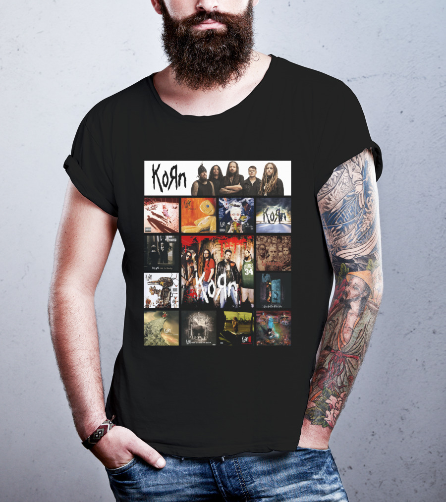Korn Greatest Hits Collection Featuring Classic Album Covers And Band Members T-Shirt