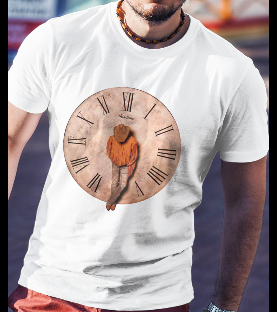 Cowboy Hat Fringed Jacket Leaning On Roman Numeral Clockface This Time T-Shirt