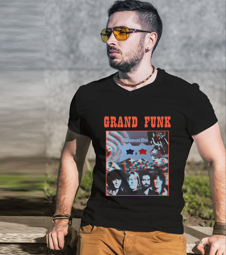 Grand Funk Shinin' On Album Cover With 3D Effect Band Members And Star Shapes T-Shirt