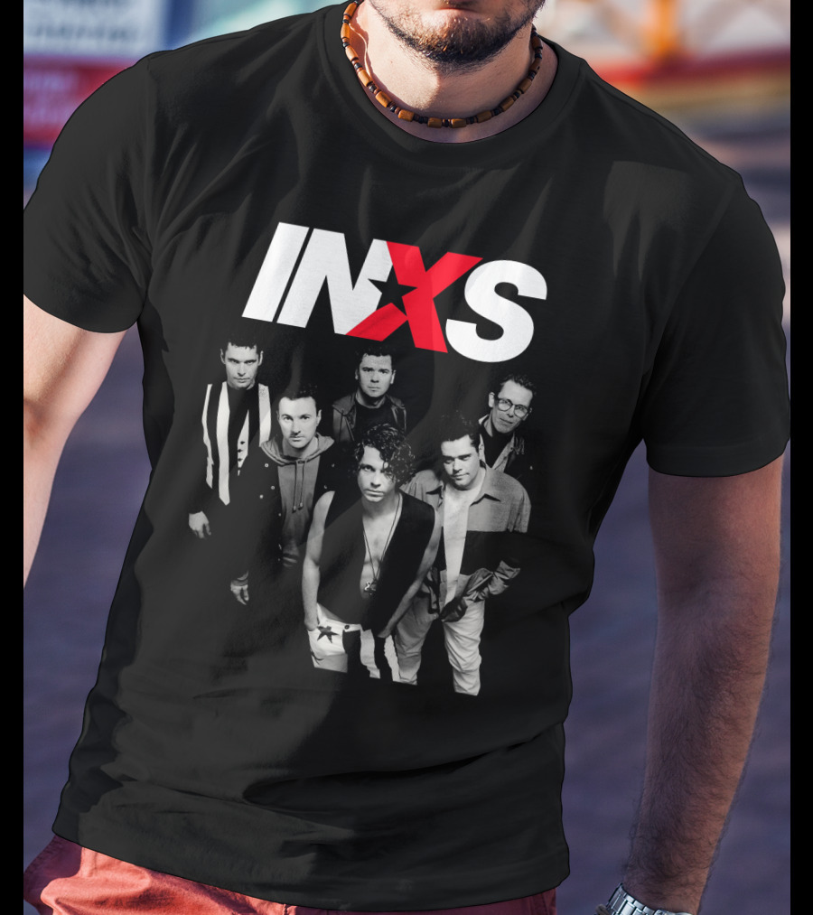 Inxs Band Black And White Group Photo With Red T-Shirt