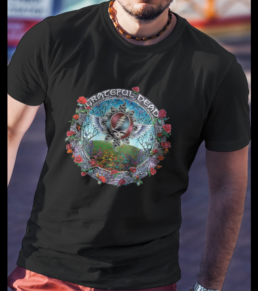 Grateful Dead Winged Steal Your Face Skull With Roses And Psychedelic Nature Scene T-Shirt