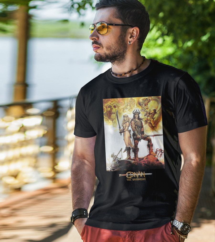 Conan The Barbarian Sword Skulls Warrior Fantasy Art T-Shirt