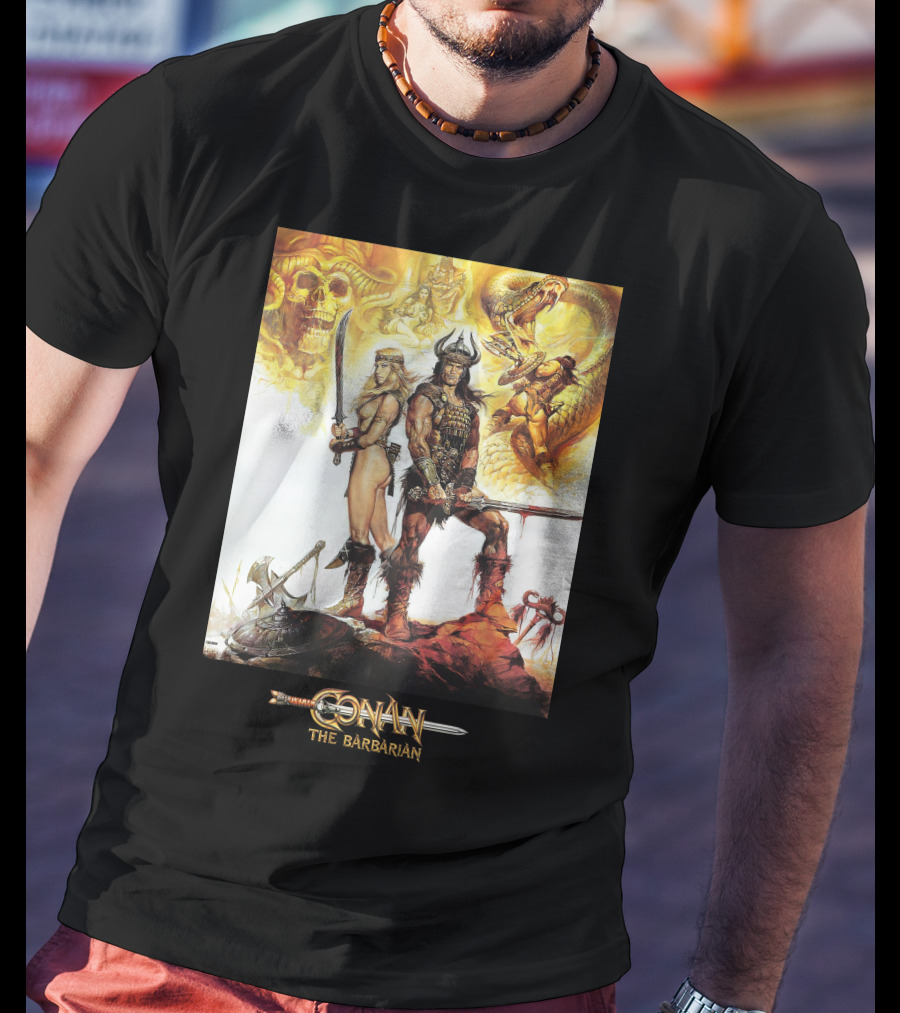 Conan The Barbarian Sword Skulls Warrior Fantasy Art T-Shirt