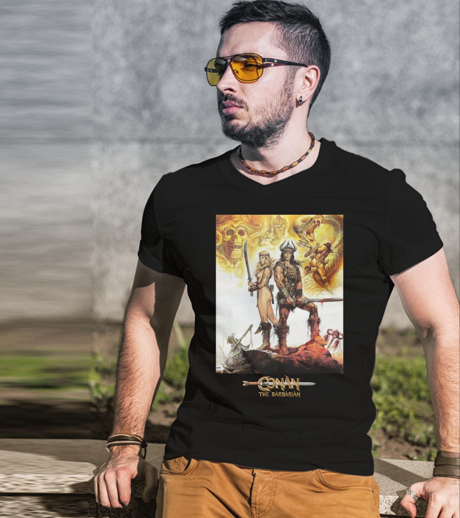 Conan The Barbarian Sword Skulls Warrior Fantasy Art T-Shirt