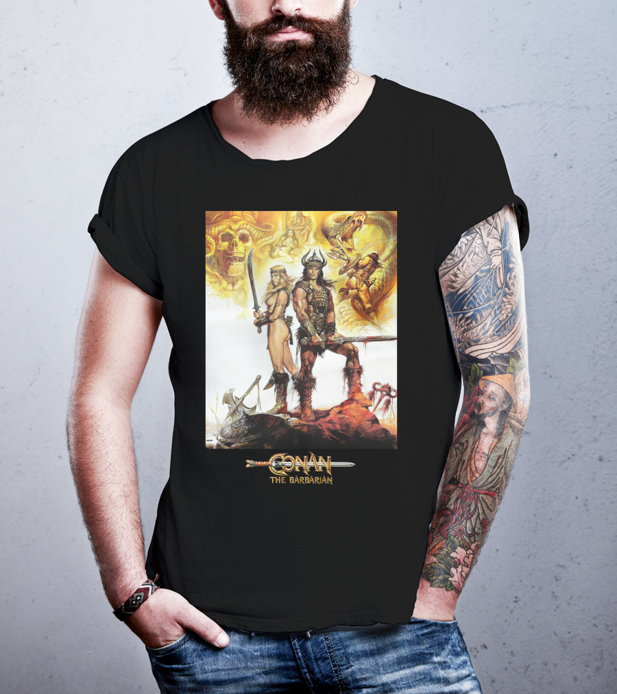 Conan The Barbarian Sword Skulls Warrior Fantasy Art T-Shirt