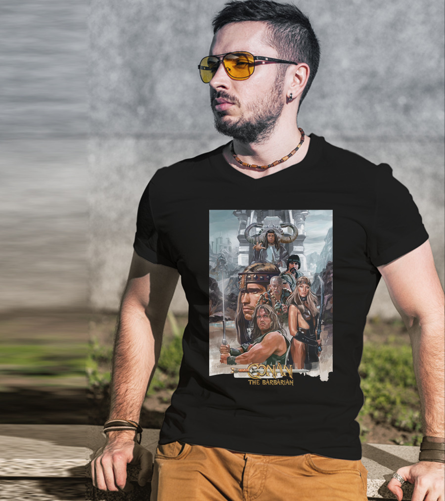 Conan The Barbarian Movie Characters Collage - Sword And Fortress T-Shirt