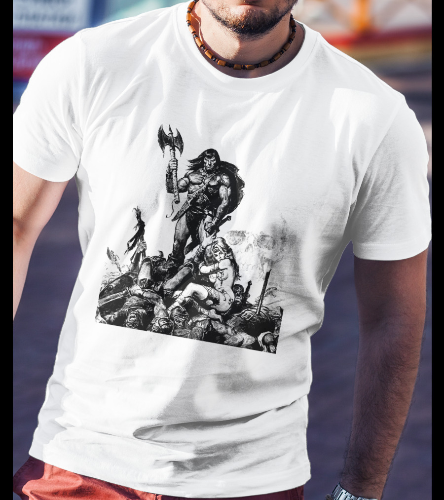 Conan Barbarian Warrior Standing On Battlefield With Axe And Skull In Background T-Shirt