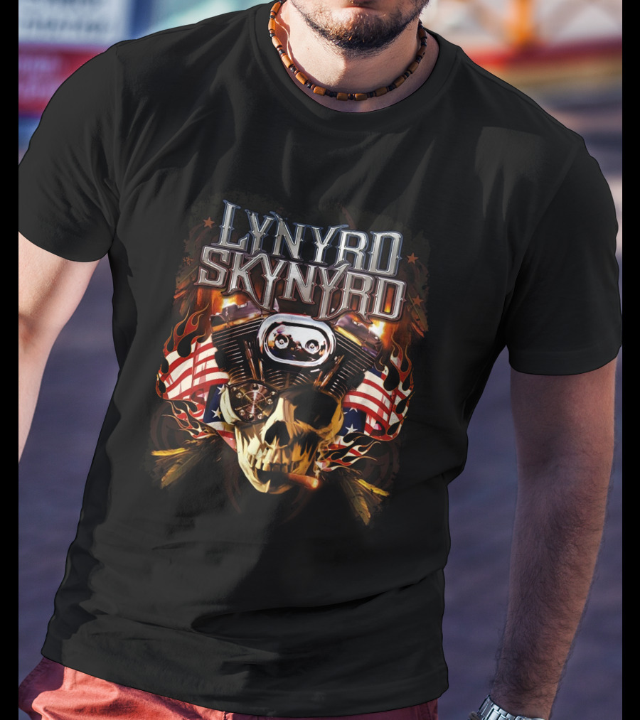 Lynyrd Skynyrd Skull Engine American Flag Flames T-Shirt