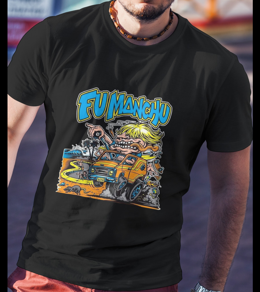 Fu Manchu Surf Adventure Vintage Car Beach Scene T-Shirt