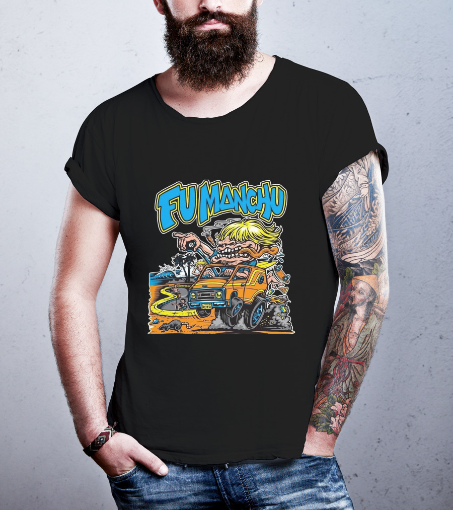 Fu Manchu Surf Adventure Vintage Car Beach Scene T-Shirt