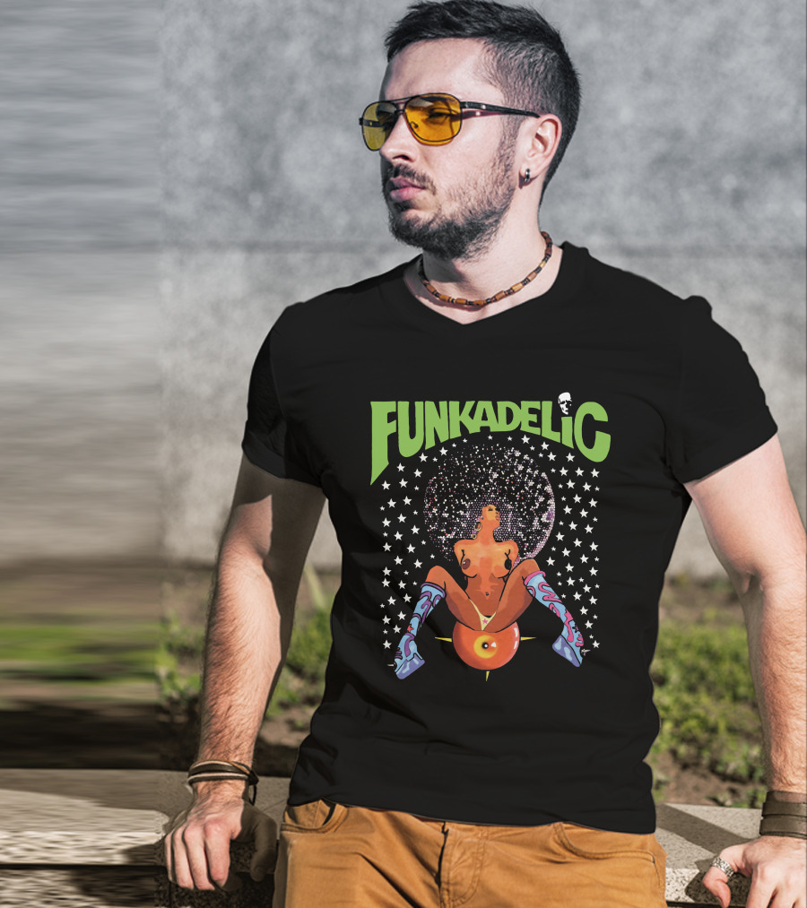 Funkadelic Psychedelic Art With Stars And Character On Black T-Shirt