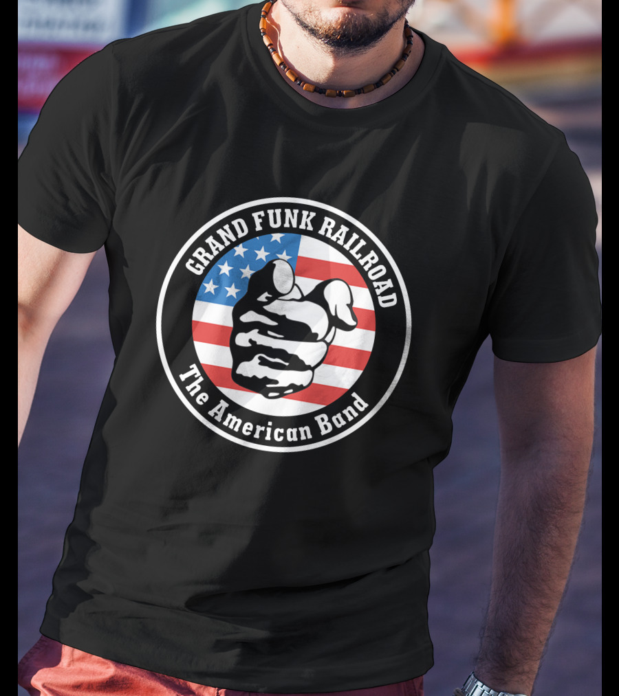 Grand Funk Railroad The American Band Logo With Pointing Hand On Usa Flag T-Shirt